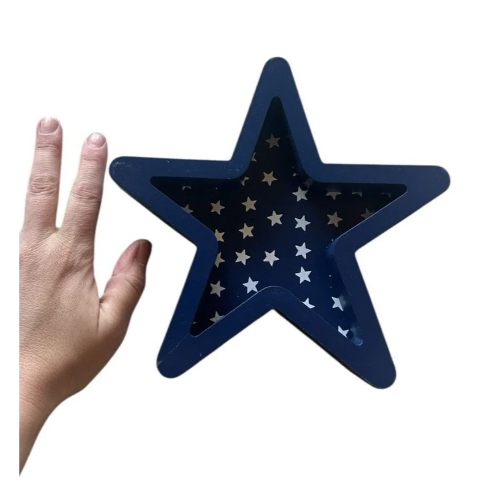 Blue Patriotic Stars & Stripes Star Shaped Shadow Box Wood w/ White Mini Stars